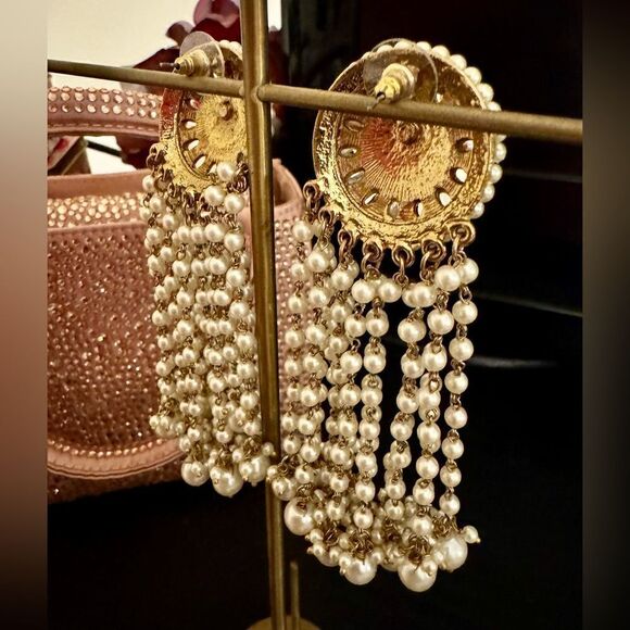 FARWAH ALI KUNDAN PAKISTANI INDIAN PEARL GOLD BRIDAL LARGE EARRINGS - Picture 5 of 5